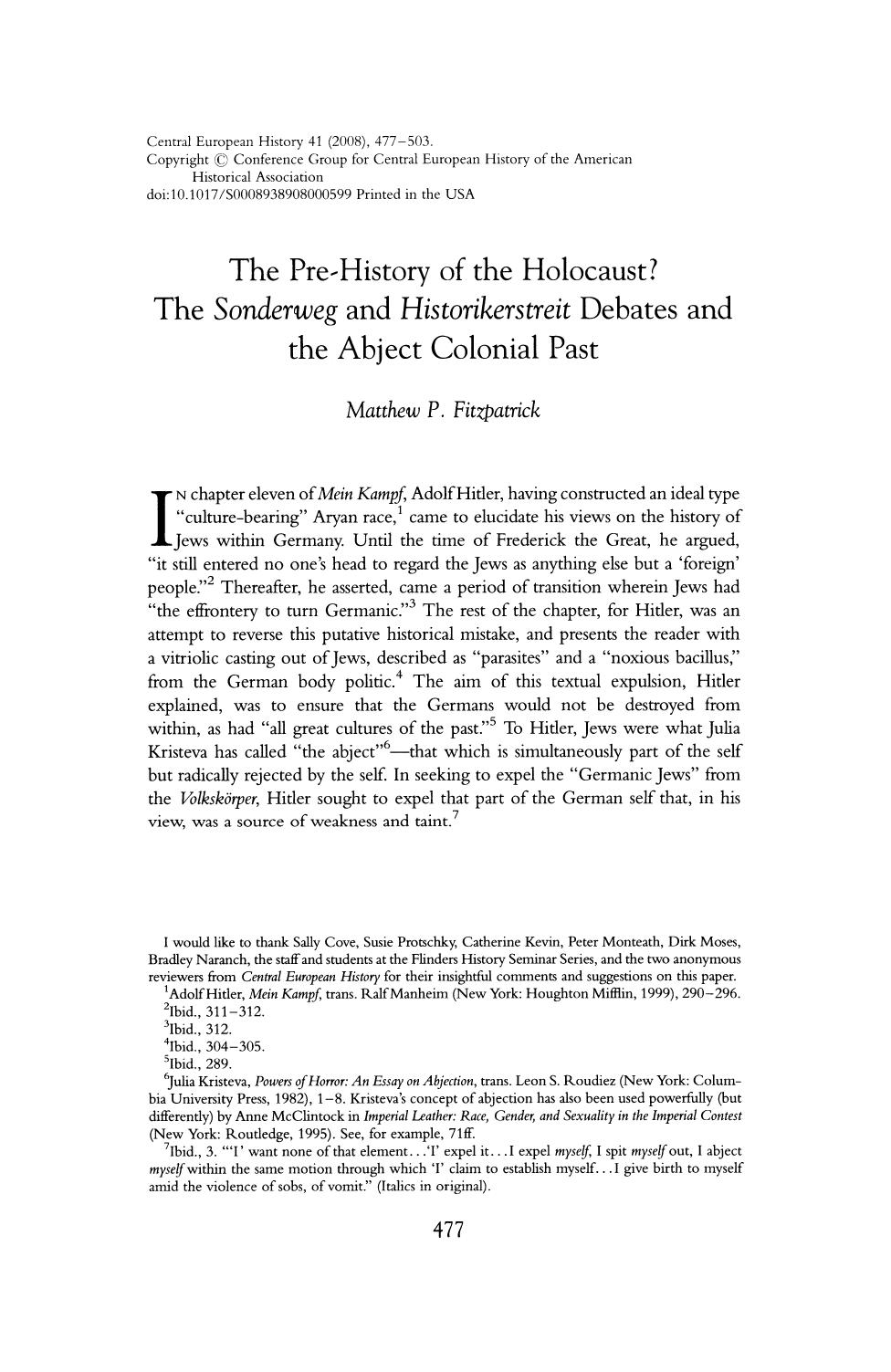 The Pre-History of the Holocaust; The Sonderweg and Historikerstreit Debates and the Abject Colonial Past by Unknown