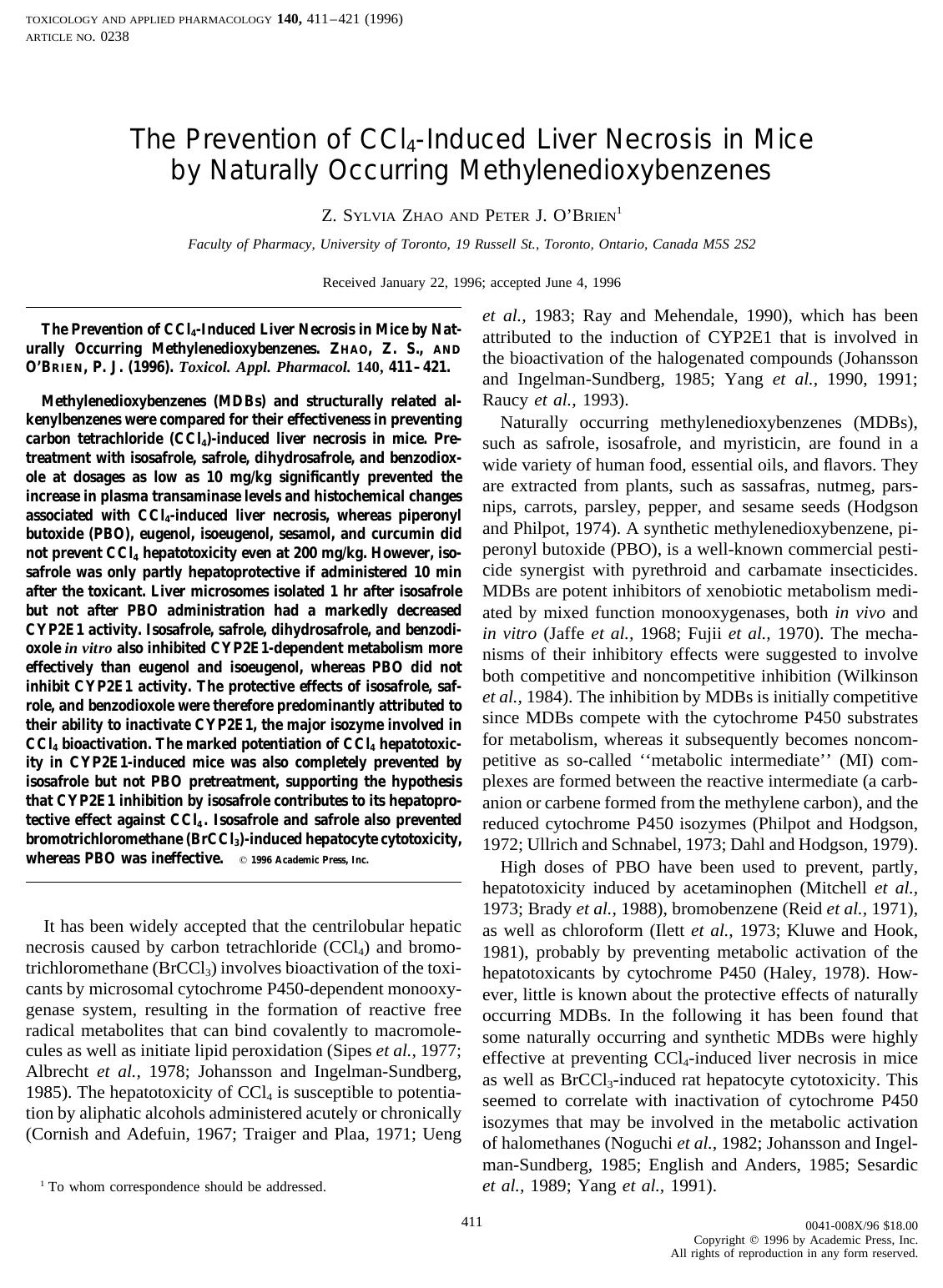 The Prevention of CCl4-Induced Liver Necrosis in Mice by Naturally Occurring Methylenedioxybenzenes by Zhao Z. S. et al