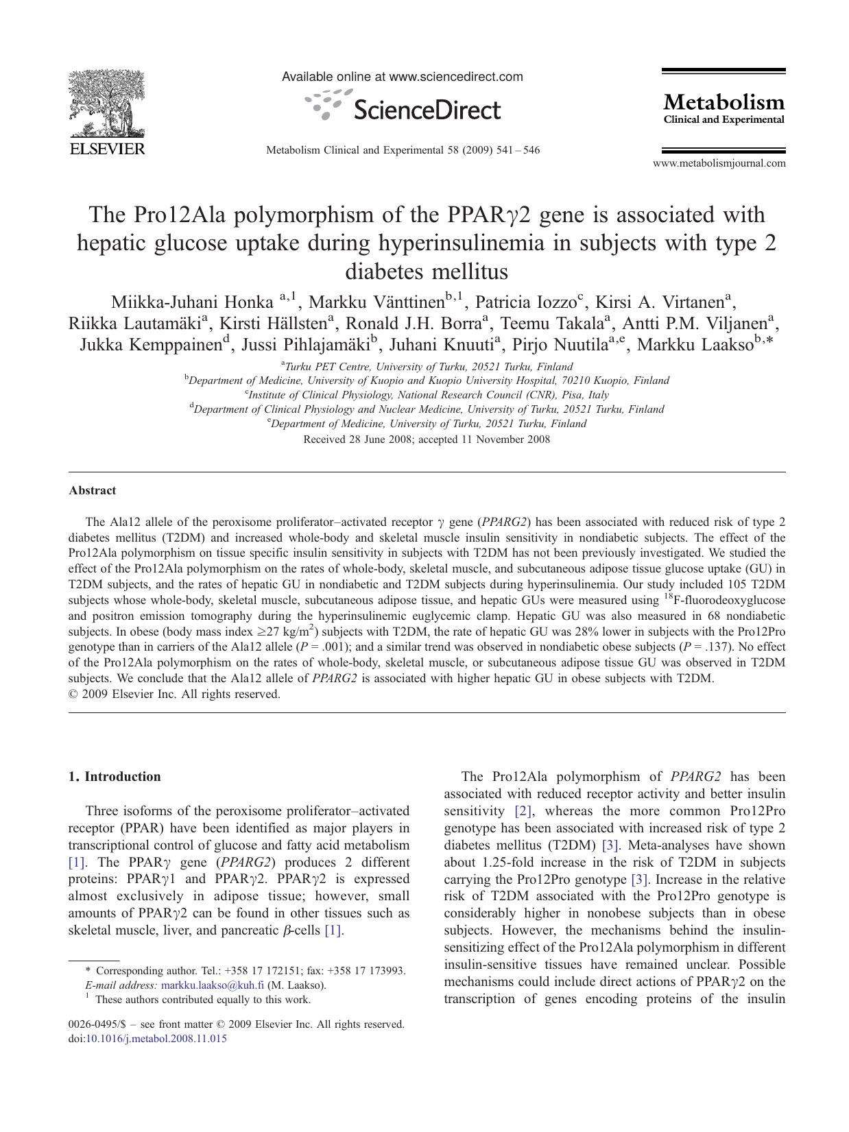 The Pro12Ala polymorphism of the PPARÎ³2 gene is associated with hepatic glucose uptake during hyperinsulinemia in subjects with type 2 diabetes mellitus by unknow