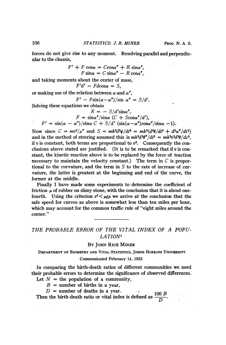The Probable Error of the Vital Index of a Population by Miner J.R