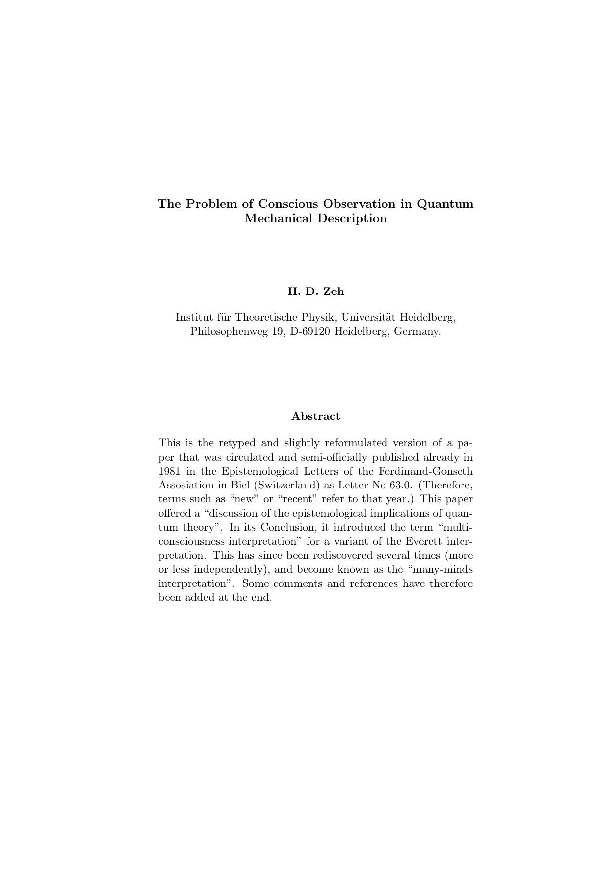 The Problem of Conscious Observation in Quantum Mechanical Description by Unknown