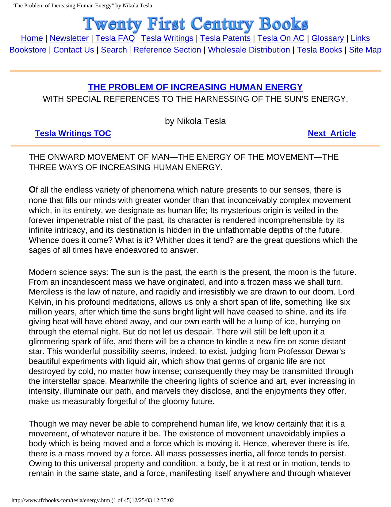 The Problem of Increasing Human Energy by Nikola Tesla