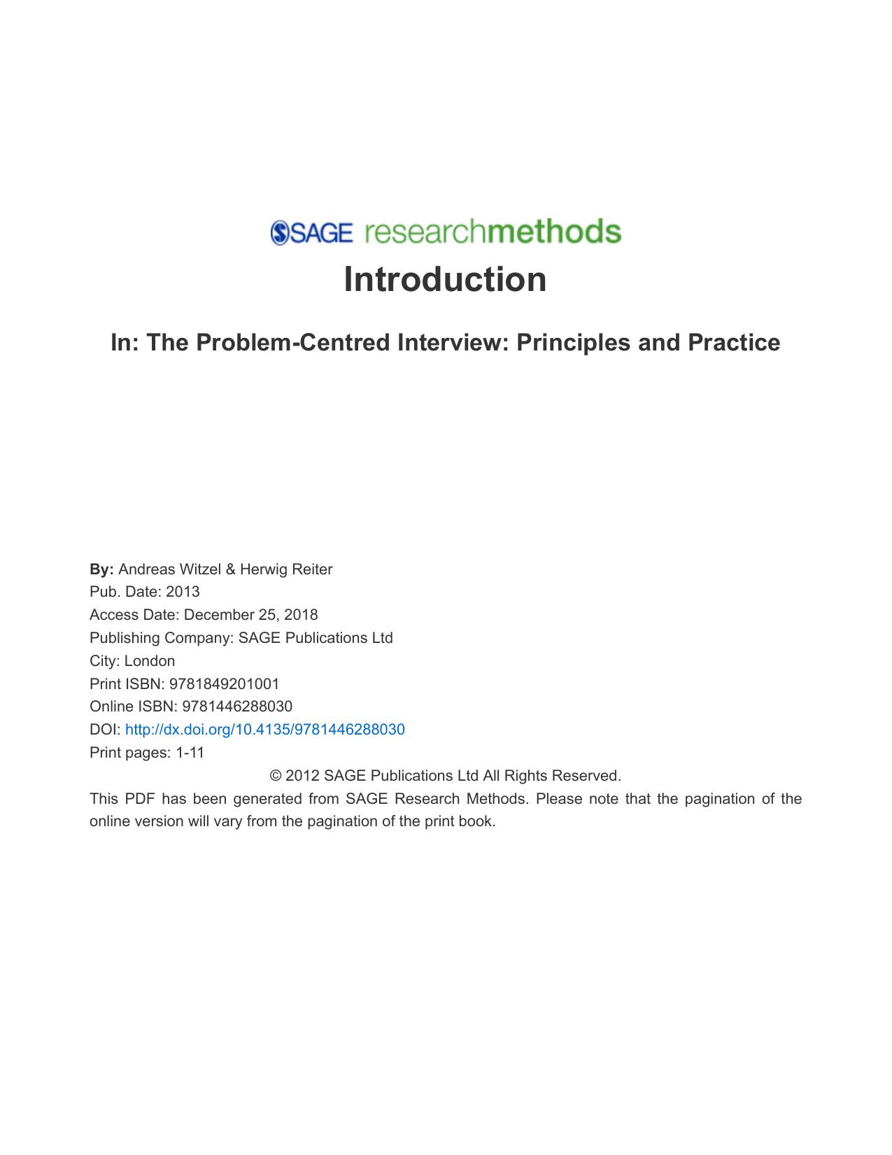 The Problem-Centred Interview: Principles and Practice by Andreas Witzel; Herwig Reiter