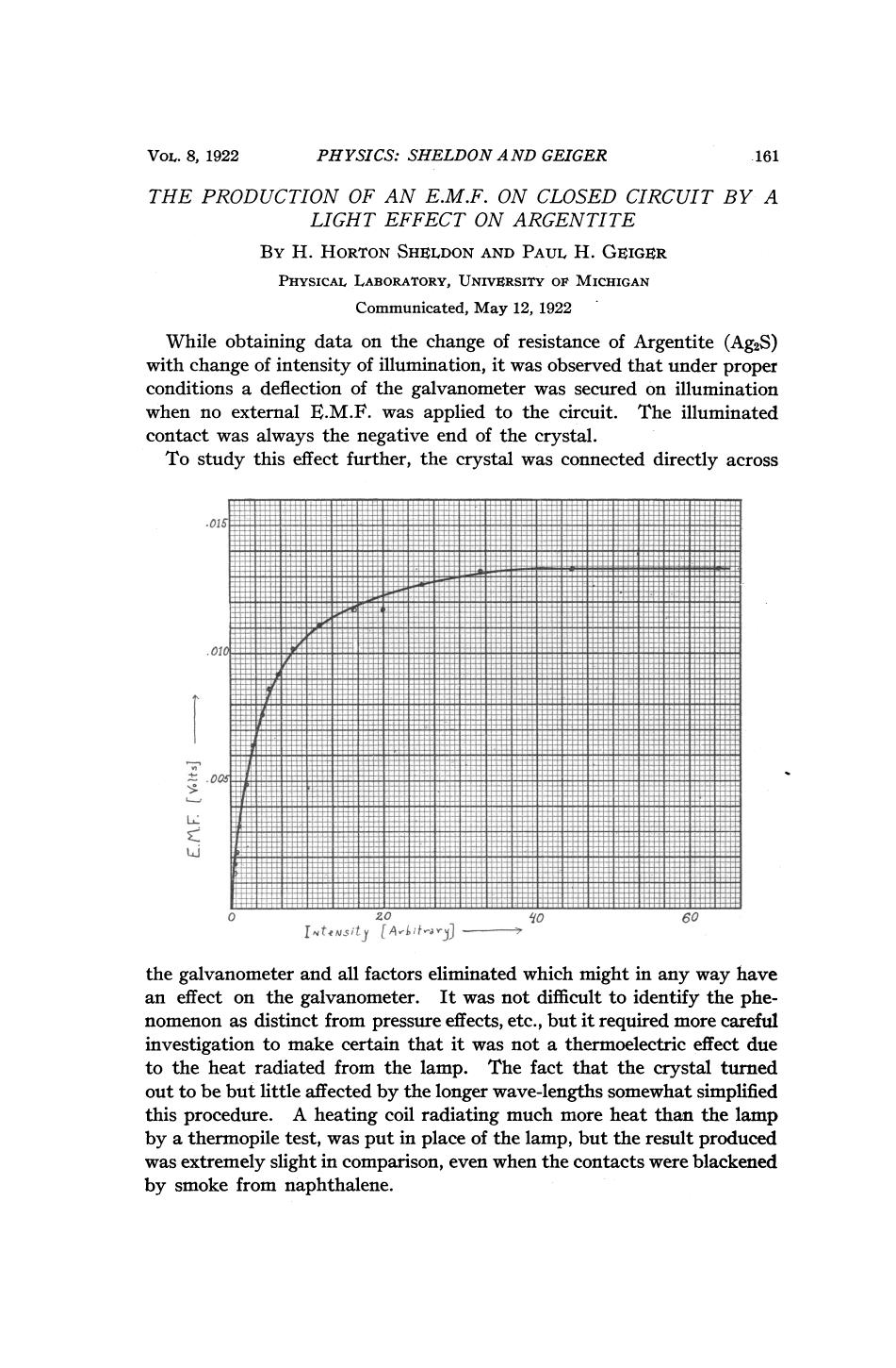 The Production of an E. M. F. on Closed Circuit by a Light Effect on Argentite by Harold Horton Sheldon