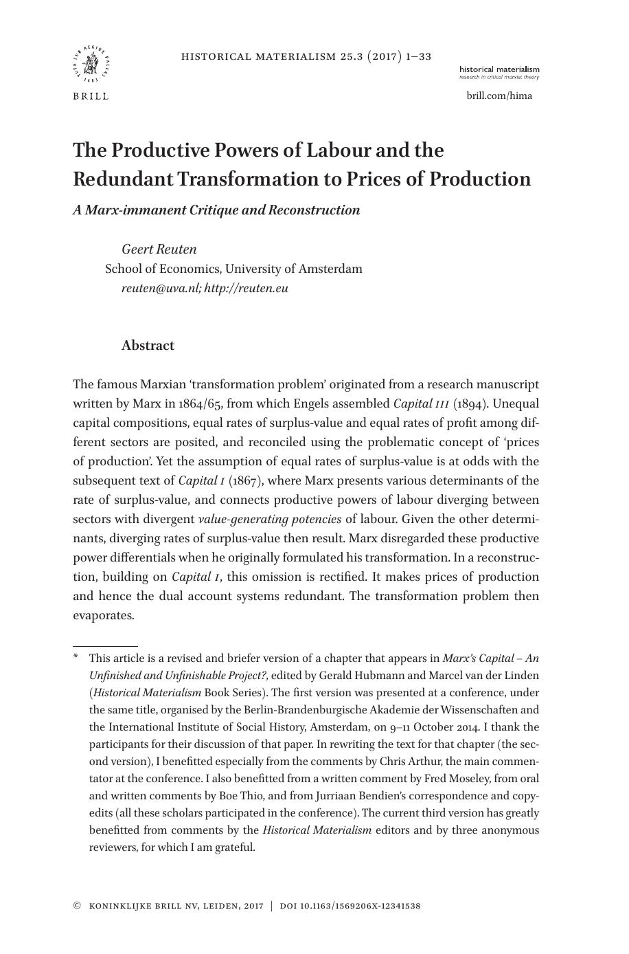 The Productive Powers of Labour and the Redundant Transformation to Prices of Production by Geert Reuten