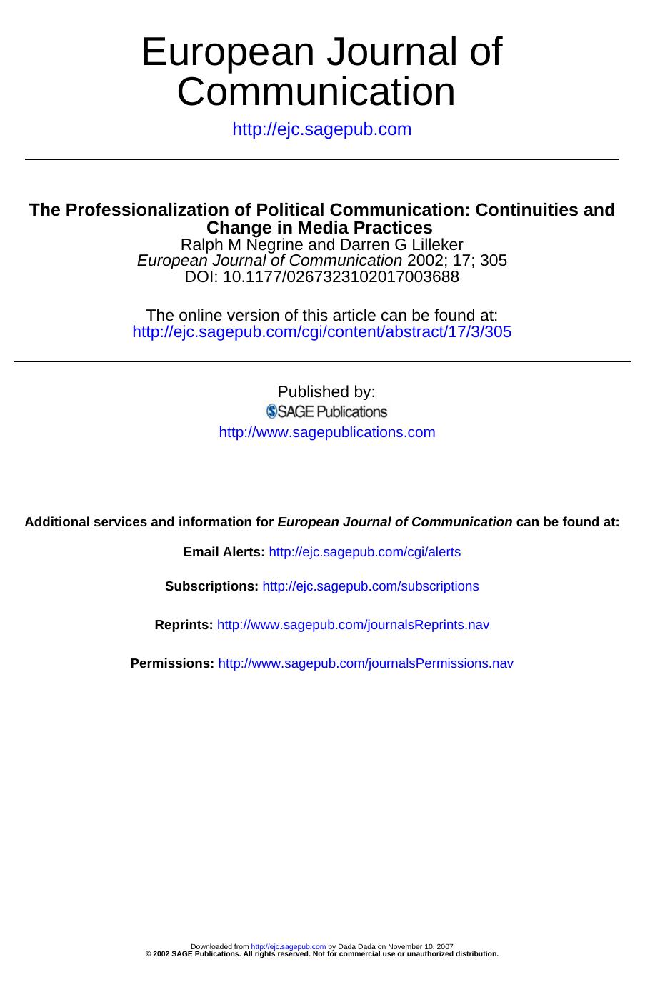 The Professionalization of Political Communication by Ralph Negrine and Darren G. Lilleker