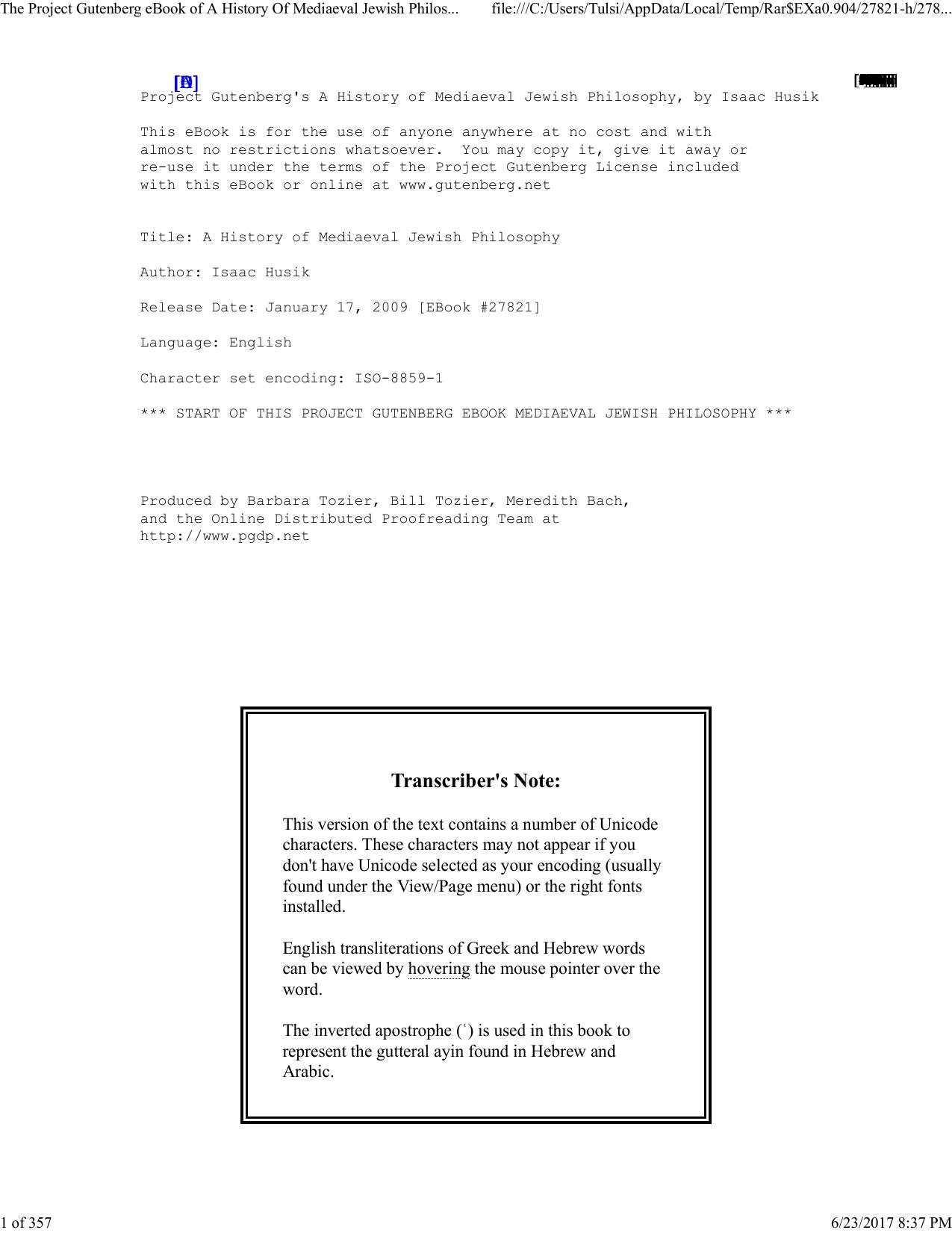 The Project Gutenberg eBook of A History Of Mediaeval Jewish Philosophy, by Isaac Husik. by Tulsi