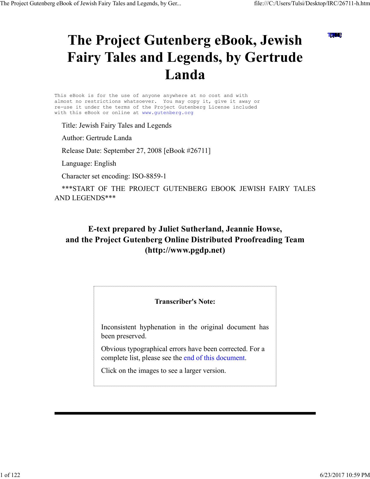 The Project Gutenberg eBook of Jewish Fairy Tales and Legends, by Gertrude Landa by Tulsi
