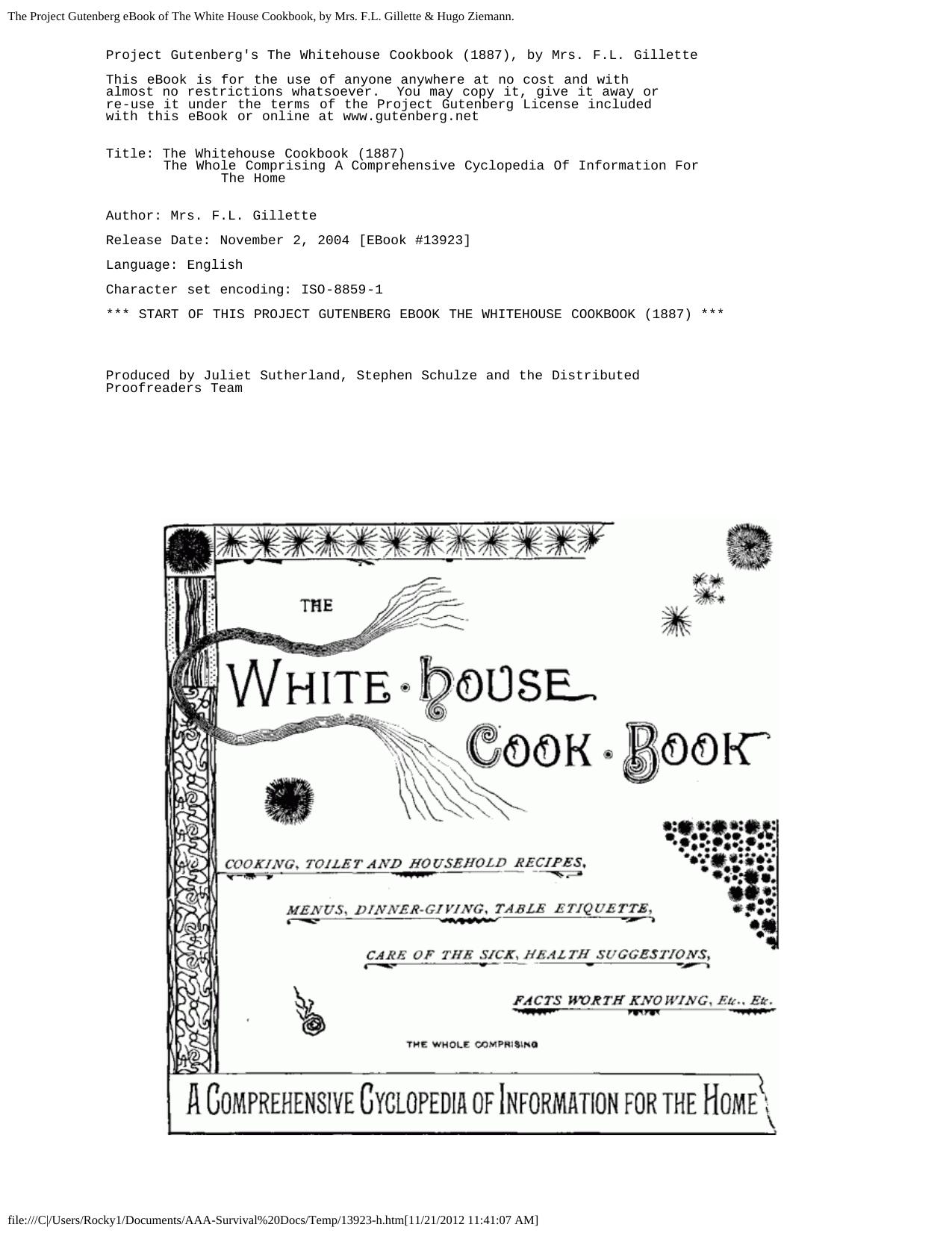The Project Gutenberg eBook of The White House Cookbook, by Mrs. F.L. Gillette & Hugo Ziemann. by Unknown
