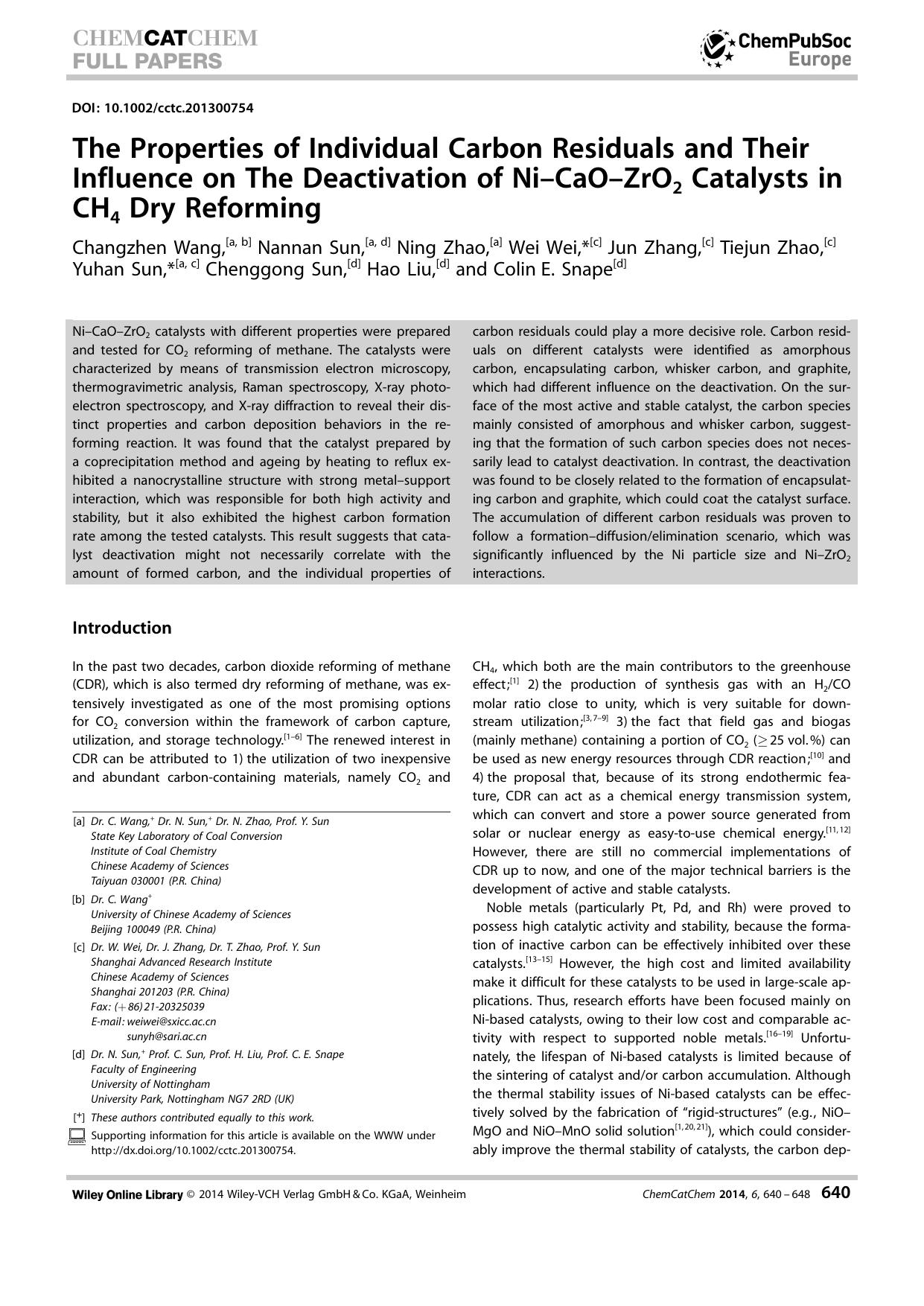 The Properties of Individual Carbon Residuals and Their Influence on The Deactivation of NiCaOZrO2 Catalysts in CH4 Dry Reforming by Unknown