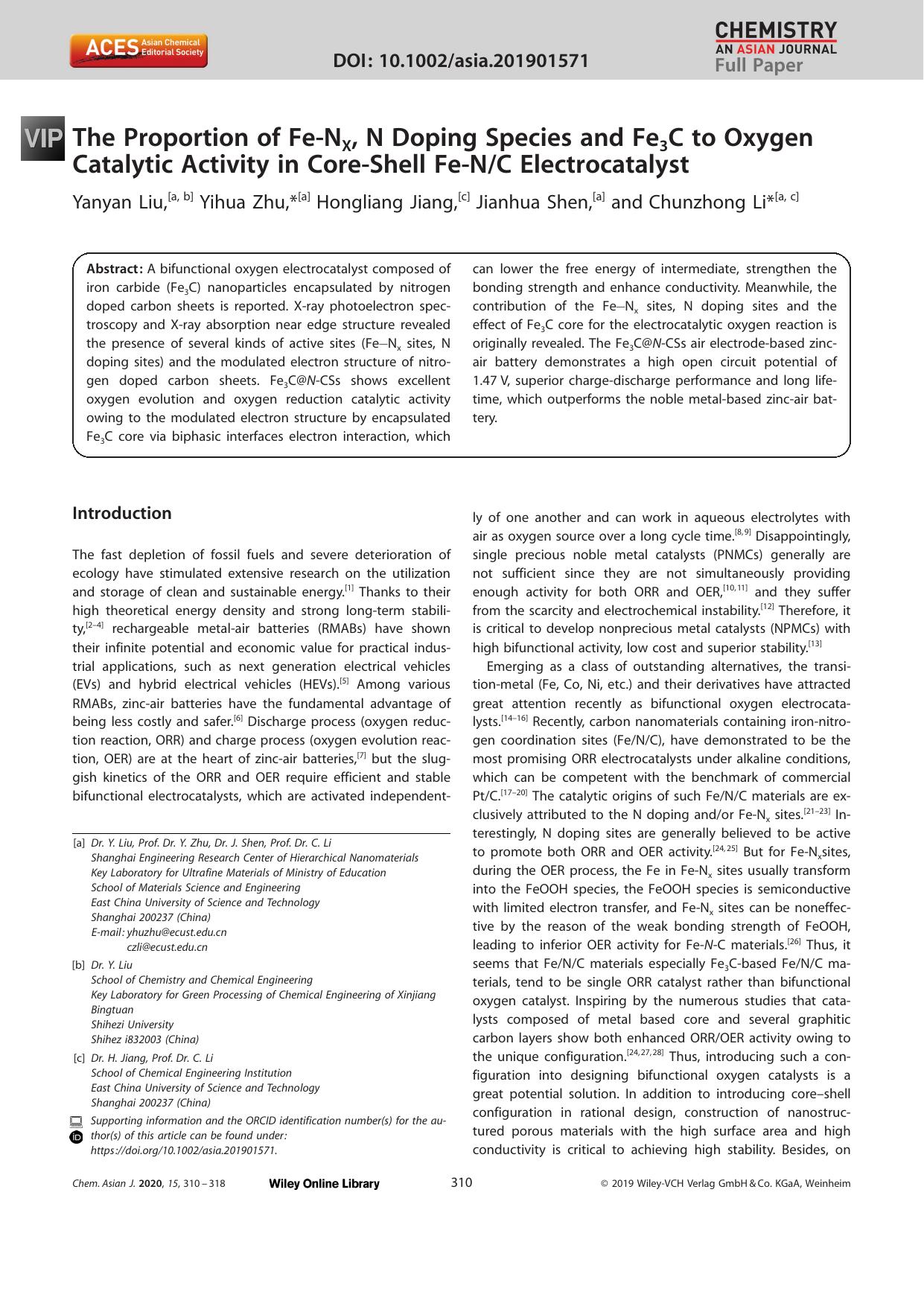The Proportion of FeâNX, N Doping Species and Fe3C to Oxygen Catalytic Activity in CoreâShell FeâNC Electrocatalyst by Unknown