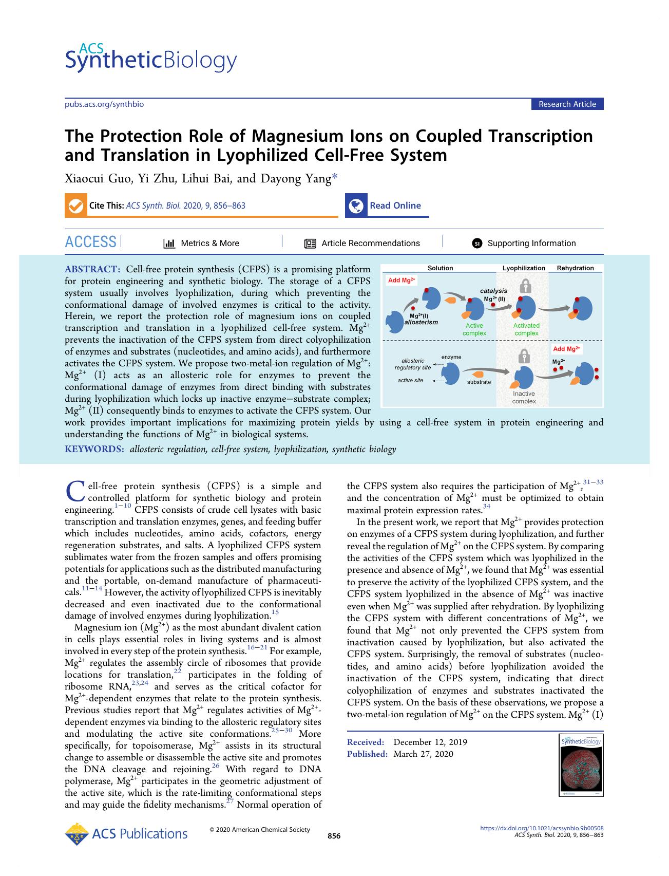 The Protection Role of Magnesium Ions on Coupled Transcription and Translation in Lyophilized Cell-Free System by Xiaocui Guo Yi Zhu Lihui Bai and Dayong Yang