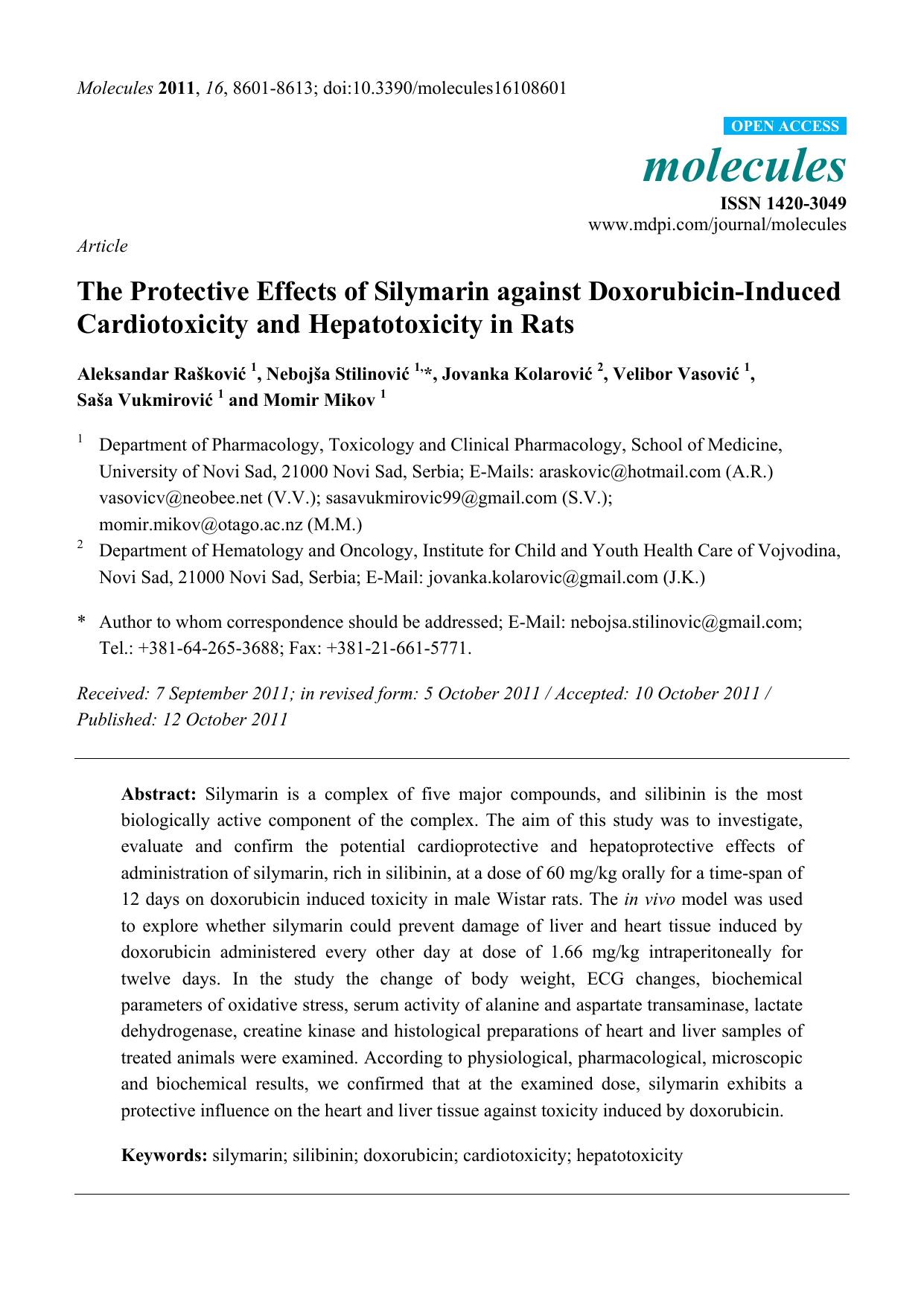 The Protective Effects of Silymarin against Doxorubicin-Induced Cardiotoxicity and Hepatotoxicity in Rats by unknow