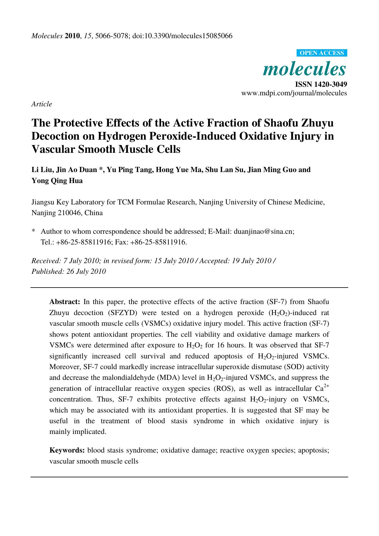 The Protective Effects of the Active Fraction of Shaofu Zhuyu Decoction on Hydrogen Peroxide-Induced Oxidative Injury in Vascular Smooth Muscle Cells by Li Liu & Jin Ao Duan & Yu Ping Tang & Hong Yue Ma & Shu Lan Su & Jian Ming Guo & Yong Qing Hua