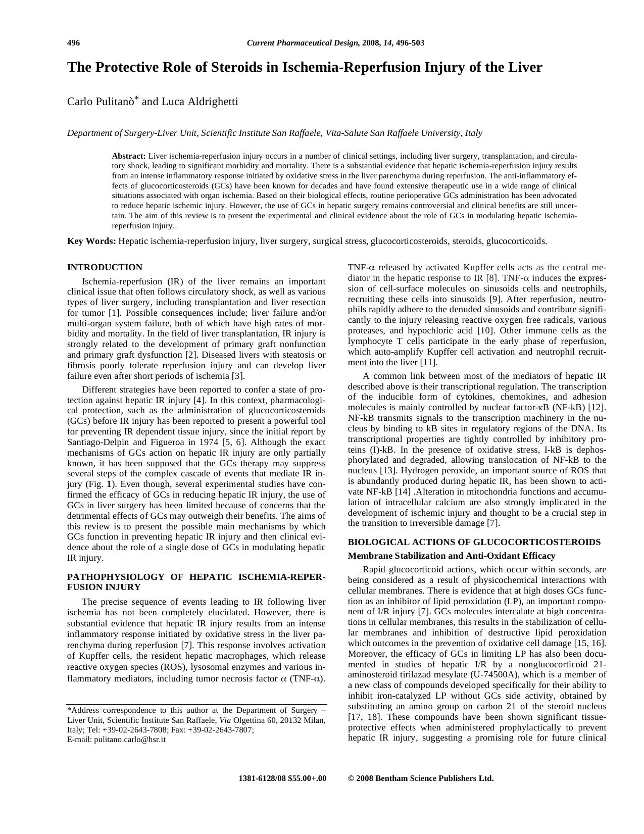 The Protective Role of Steroids in Ischemia-Reperfusion Injury of the Liver by Carlo Pulitano ; Luca Aldrighetti