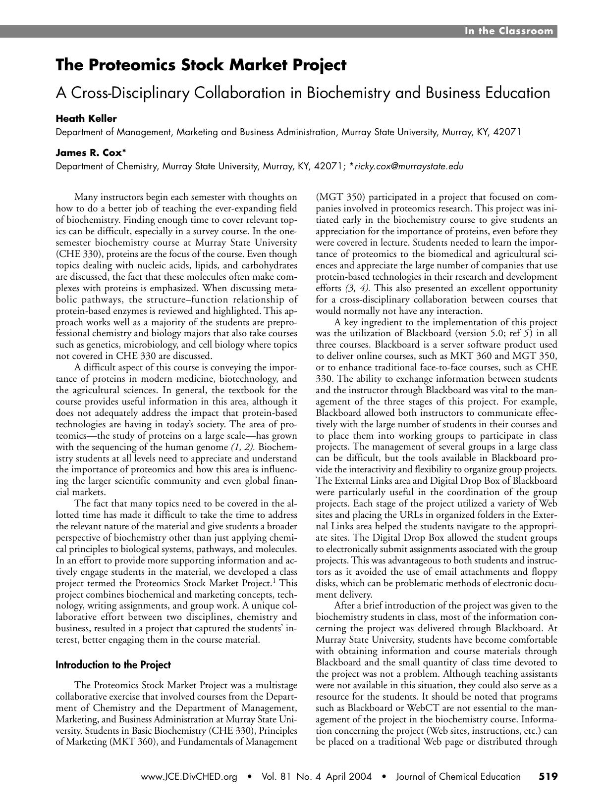 The Proteomics Stock Market Project. A Cross-Displinary Collaboration in Biochemistry and Business Education by Heath Keller and James R. Cox
