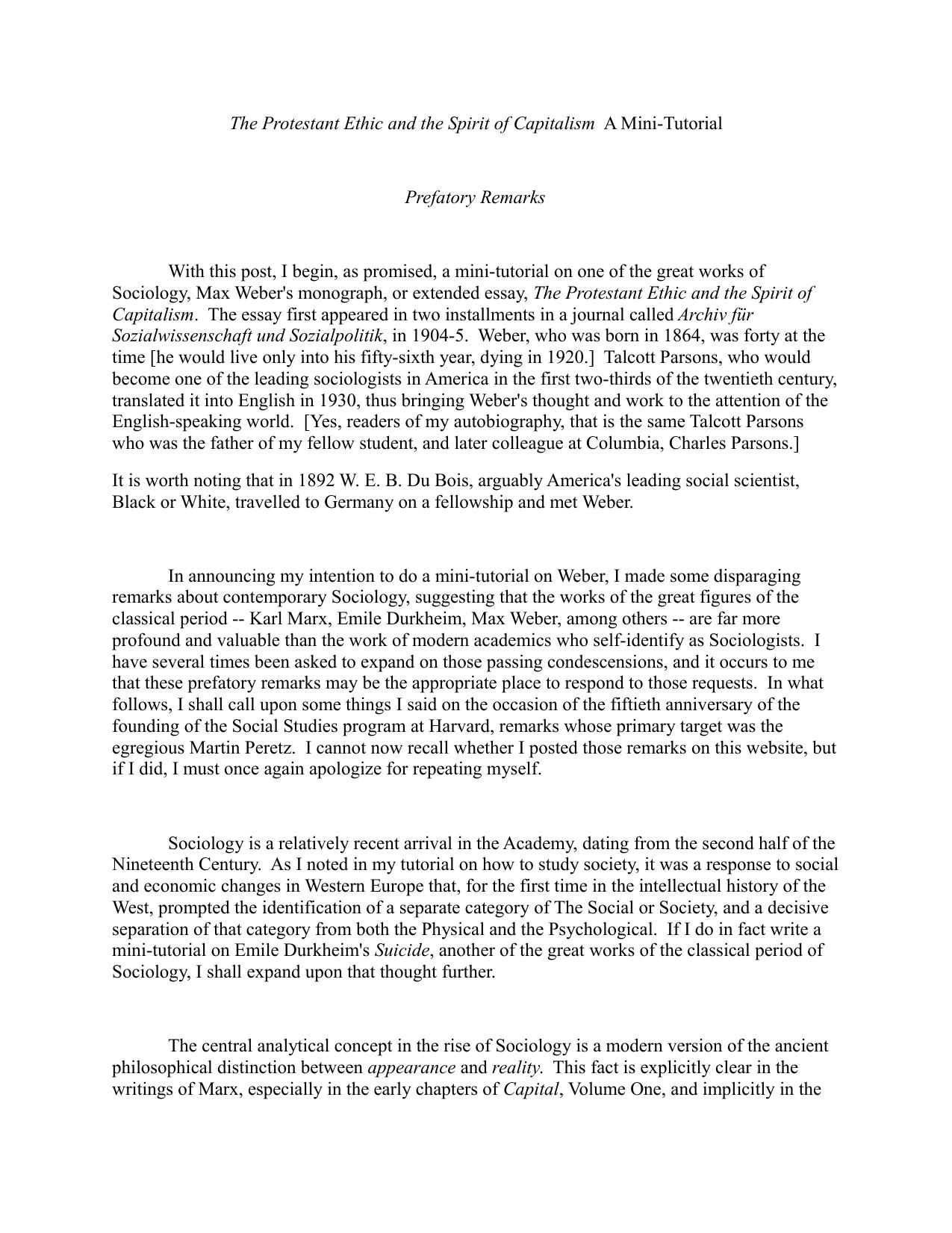 The Protestant Ethic and the Spirit of Capitalism A Mini by robert wolff