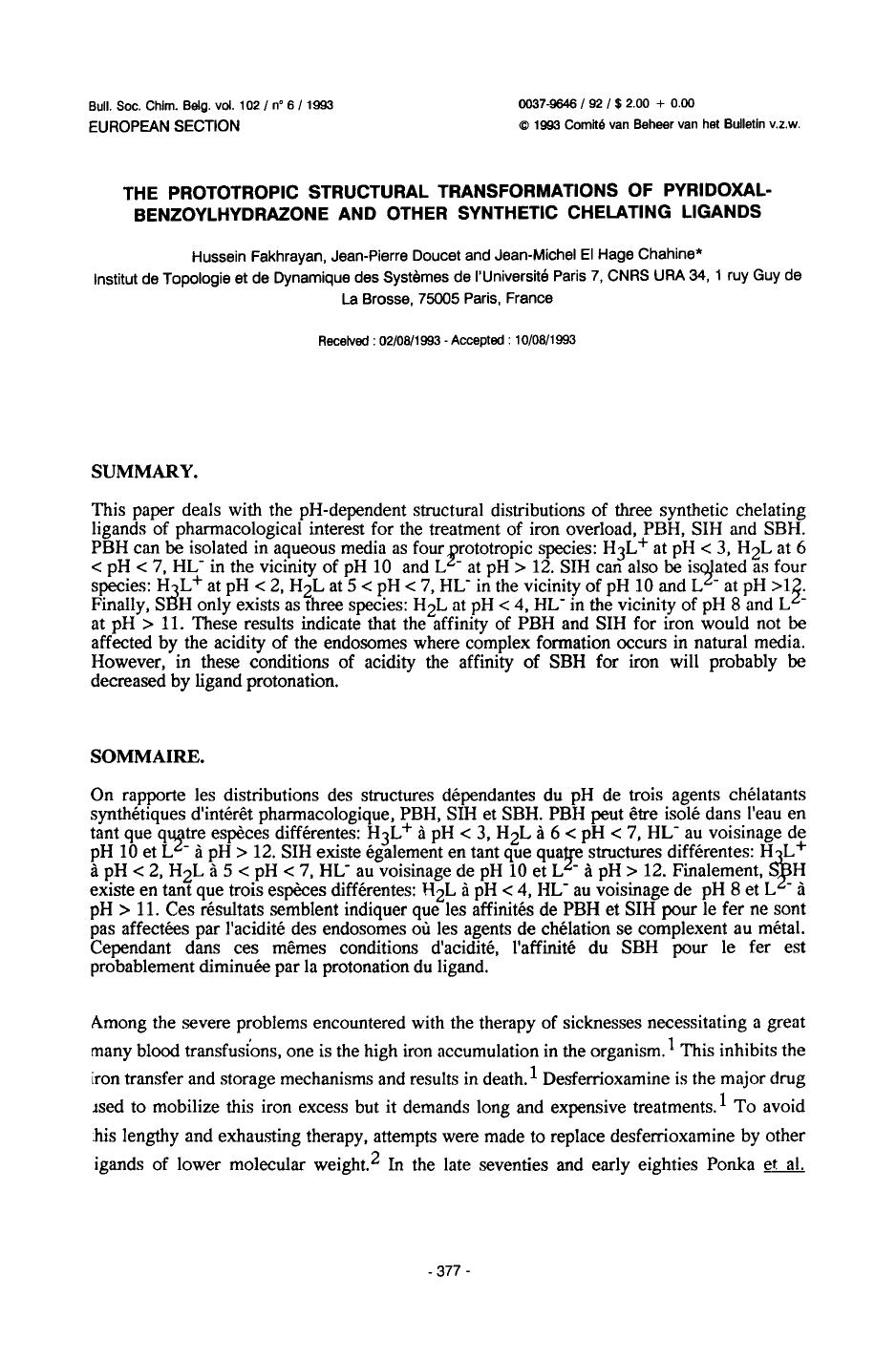 The Prototropic Structural Transformations of PyridoxalBenzoylhydrazone and Other Synthetic Chelating Ligands by Unknown