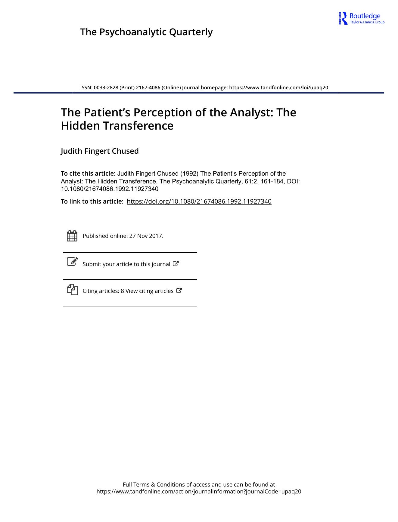 The Psychoanalytic Quarterly, Volume 61, Issue 2 (1992) by Unknown