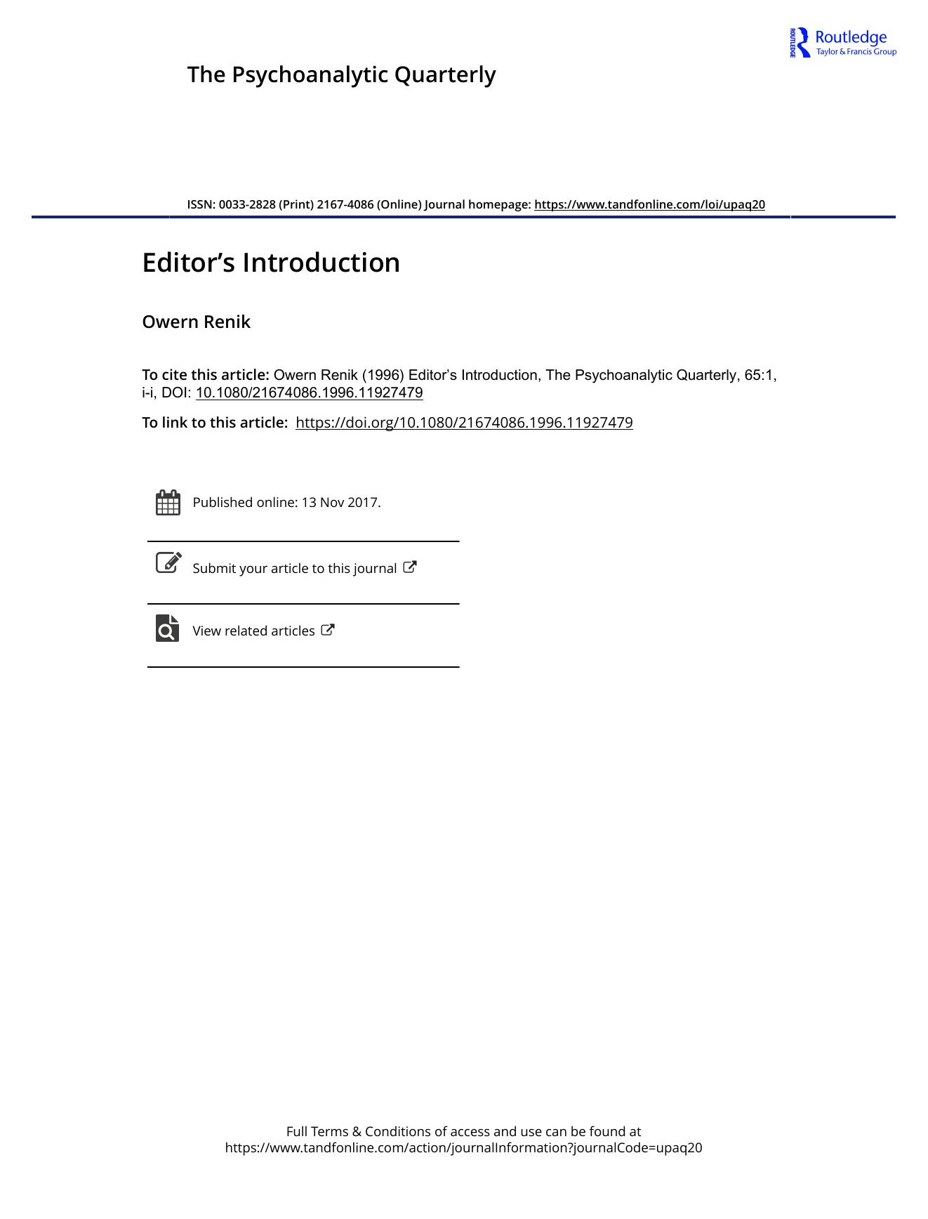 The Psychoanalytic Quarterly, Volume 65, Issue 1 (1996) by Unknown