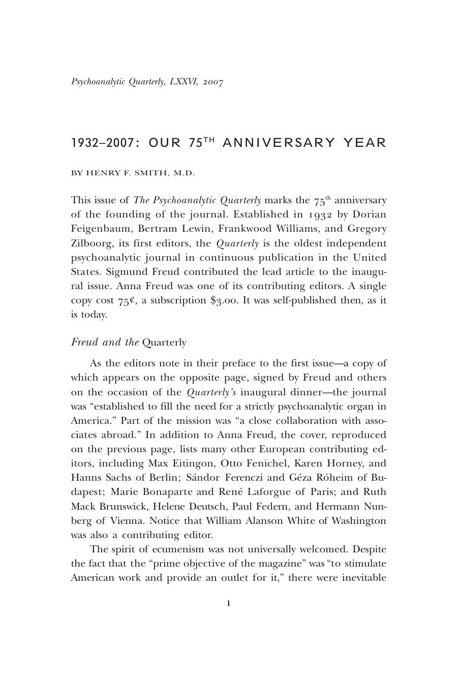 The Psychoanalytic Quarterly, Volume 76, Issue 1 (2007) by Unknown