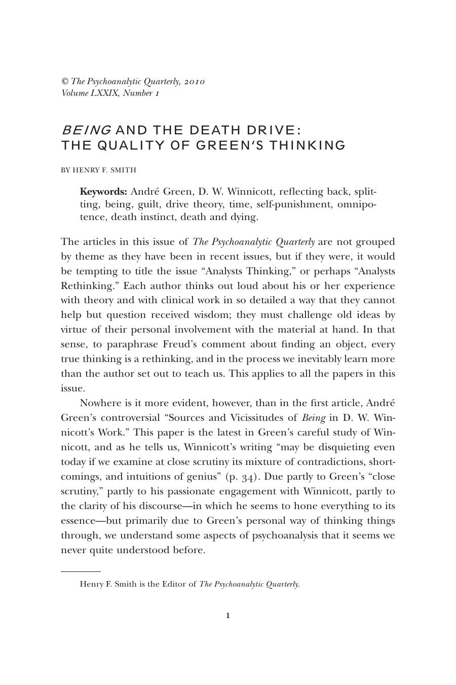 The Psychoanalytic Quarterly, Volume 79, Issue 1 (2010) by Unknown