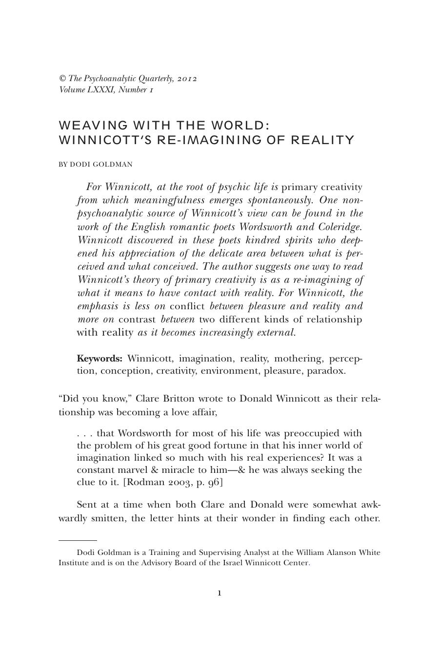 The Psychoanalytic Quarterly, Volume 81, Issue 1 (2012) by Unknown