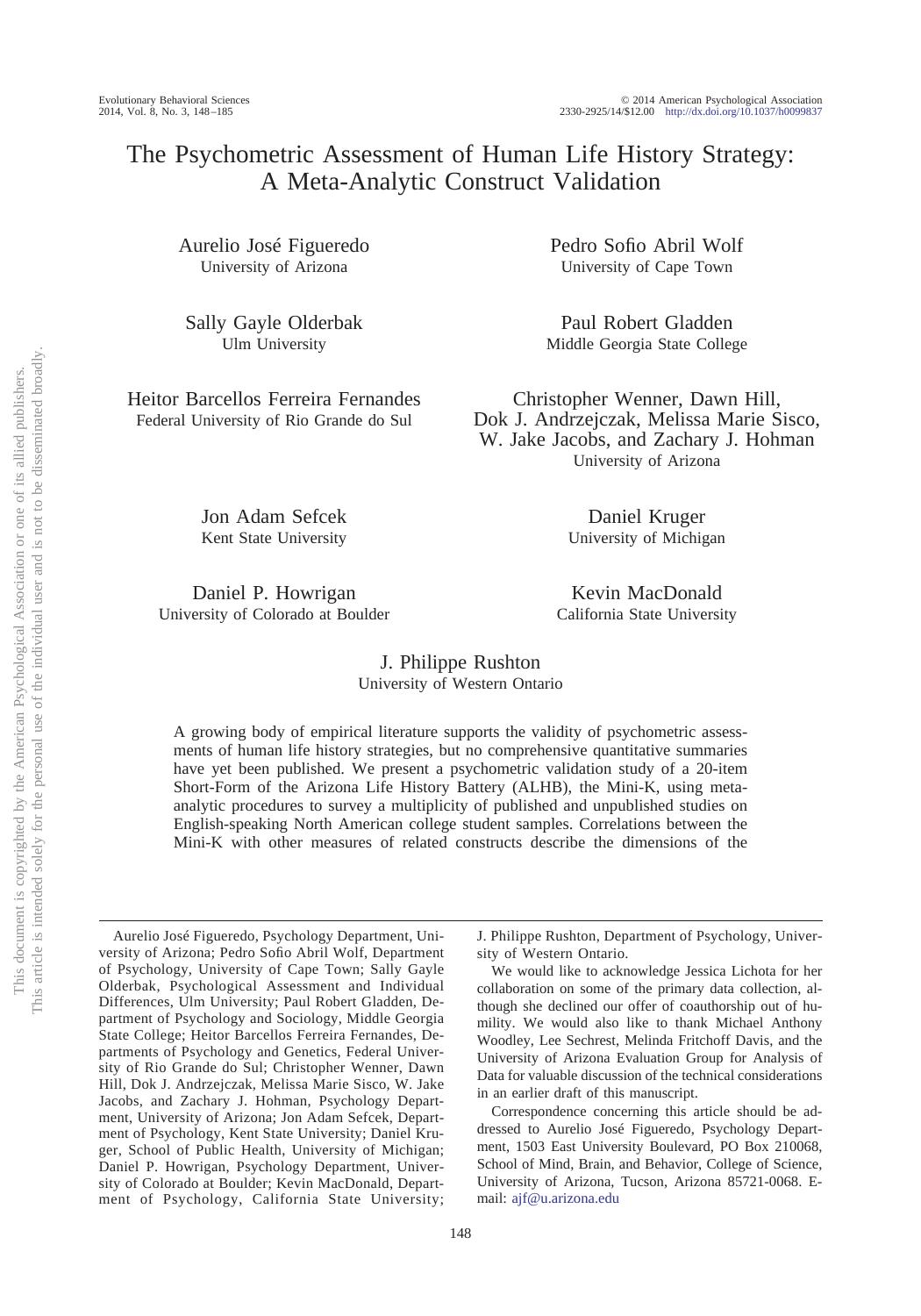 The Psychometric Assessment of Human Life History Strategy by unknow