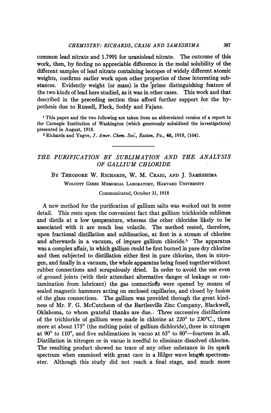 The Purification by Sublimation and the Analysis of Gallium Chloride by Theodore W Richards