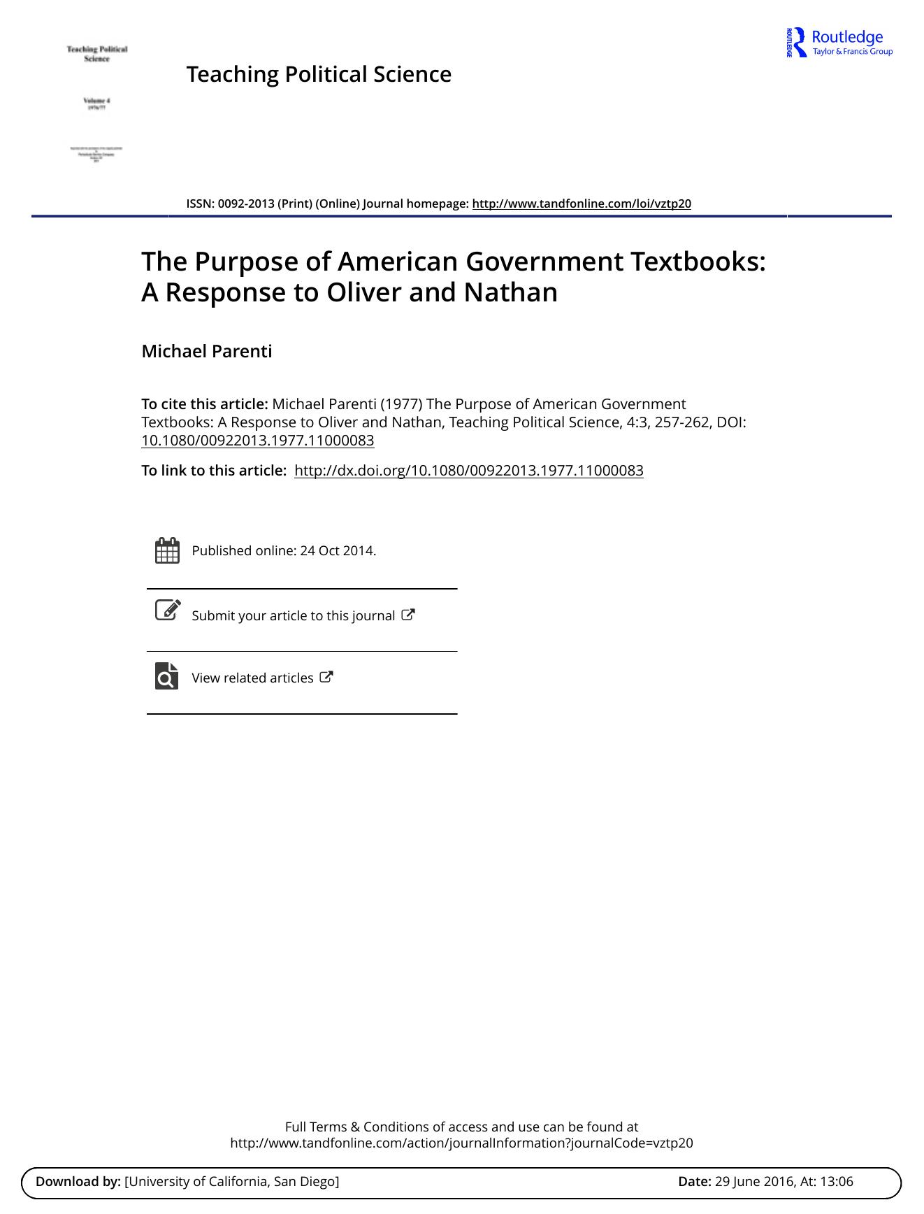 The Purpose of American Government Textbooks  A Response to Oliver and Nathan by Unknown