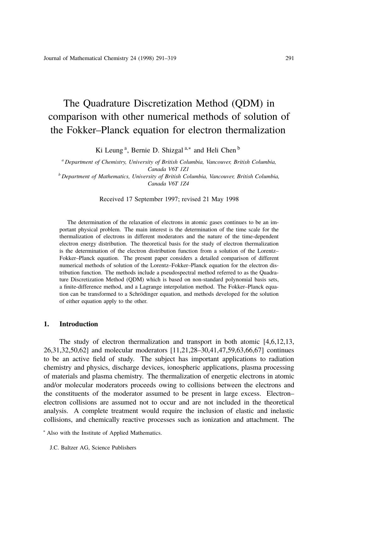 The Quadrature Discretization Method (QDM) in comparison with other numerical methods of solution of the Fokker&#x2013;Planck equation for electron thermalization by Unknown