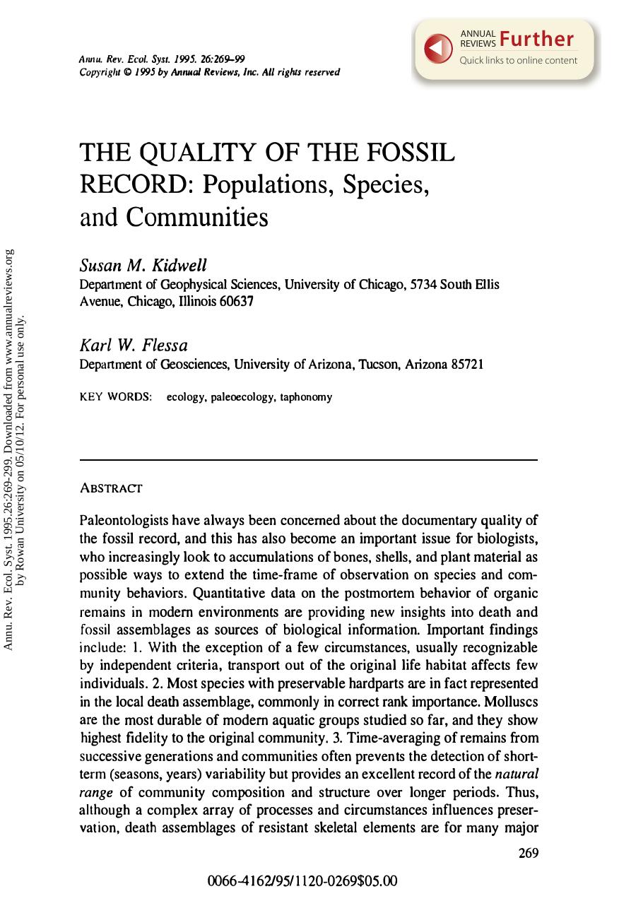 The Quality of the Fossil Record: Populations, Species, and Communities by S M Kidwell & and K W Flessa