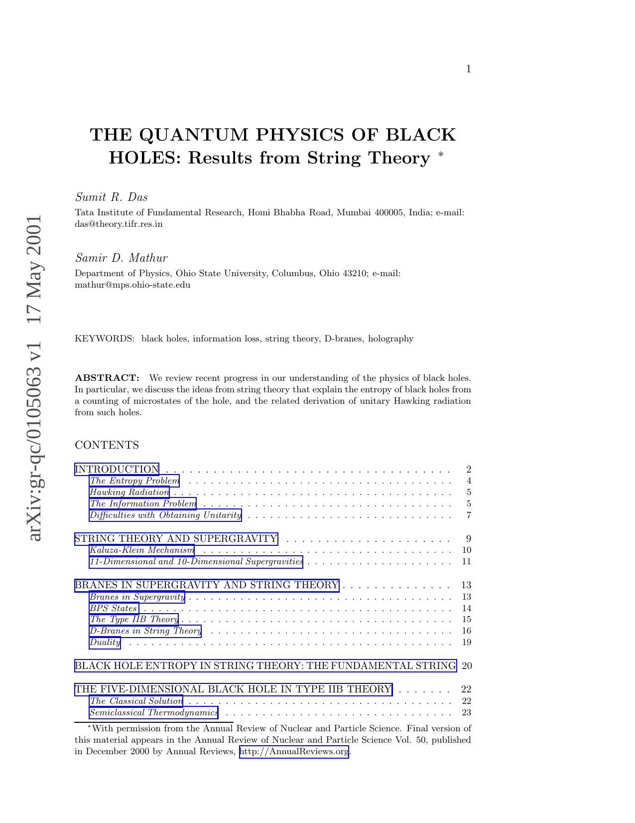 The Quantum Physics Of Black Holes And String Theory by Sumit R. Das & Samir D. Mathur