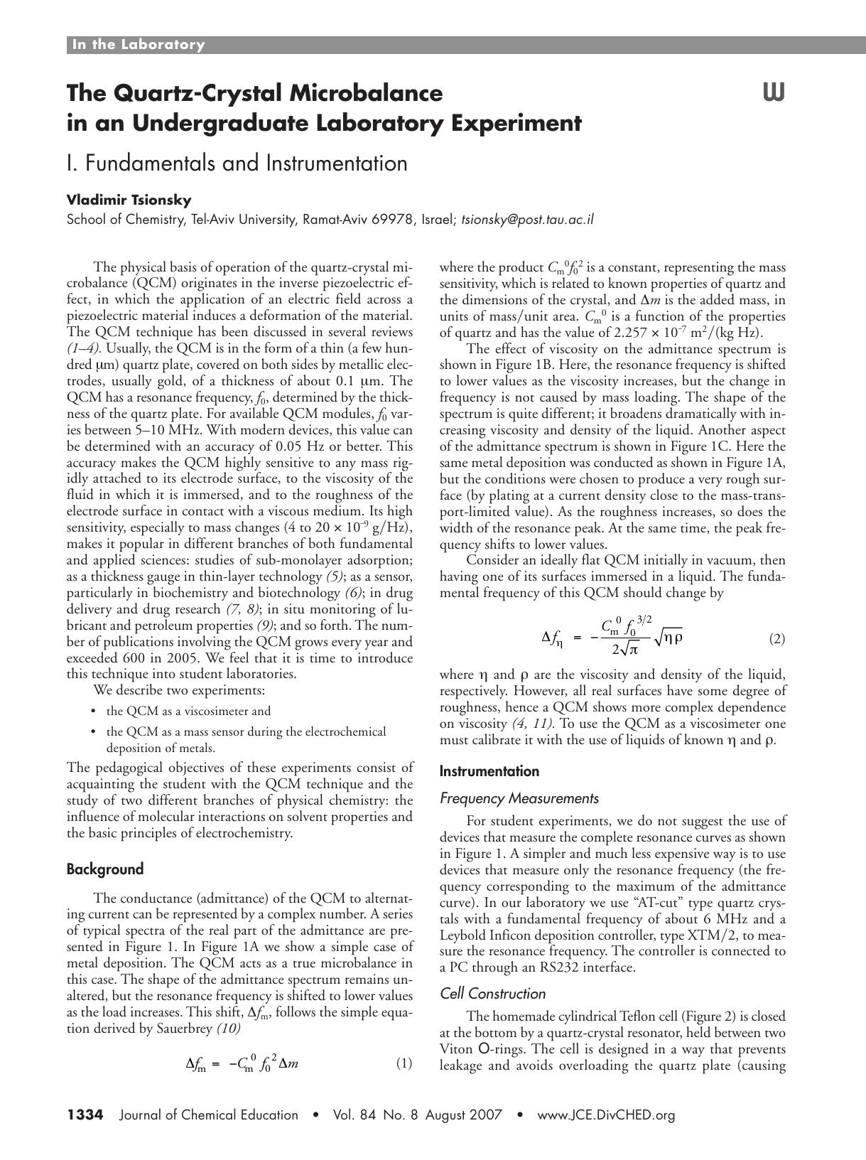 The Quartz-Crystal Microbalance in an Undergraduate Laboratory Experiment: I. Fundamentals and Instrumentation by Vladimir Tsionsky
