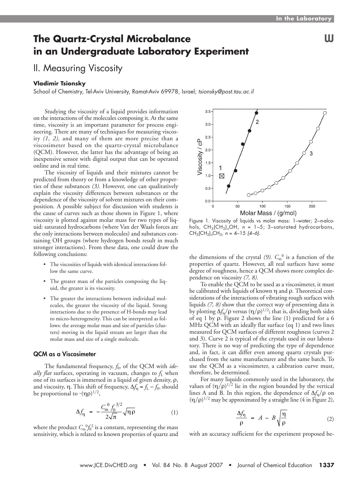 The Quartz-Crystal Microbalance in an Undergraduate Laboratory Experiment: II. Measuring Viscosity by Vladimir Tsionsky