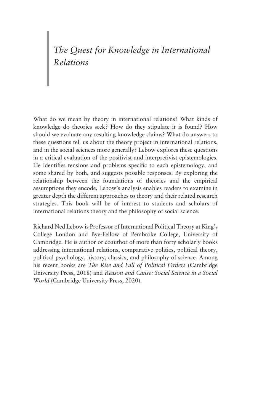 The Quest for Knowledge in International Relations: How Do We Know? by Richard Ned Lebow