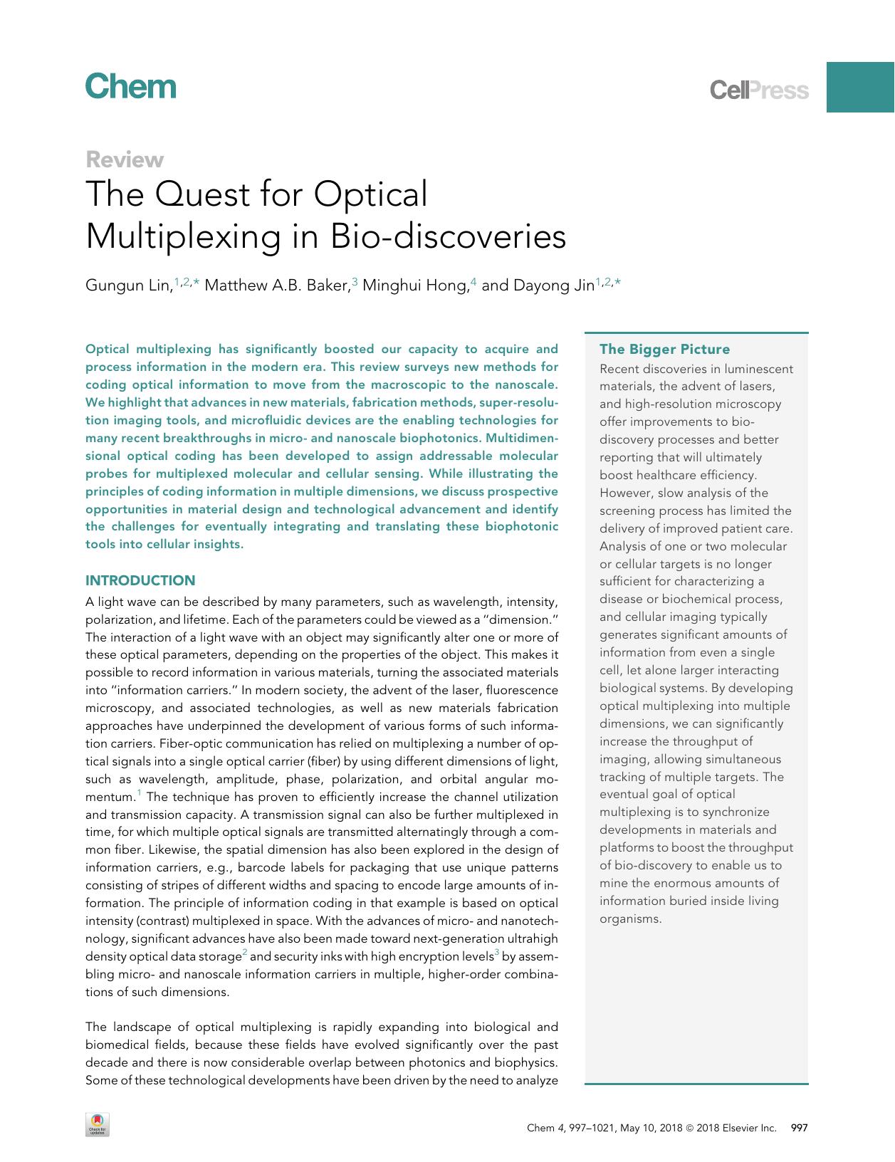 The Quest for Optical Multiplexing in Bio-discoveries by Gungun Lin & Matthew A.B. Baker & Minghui Hong & Dayong Jin