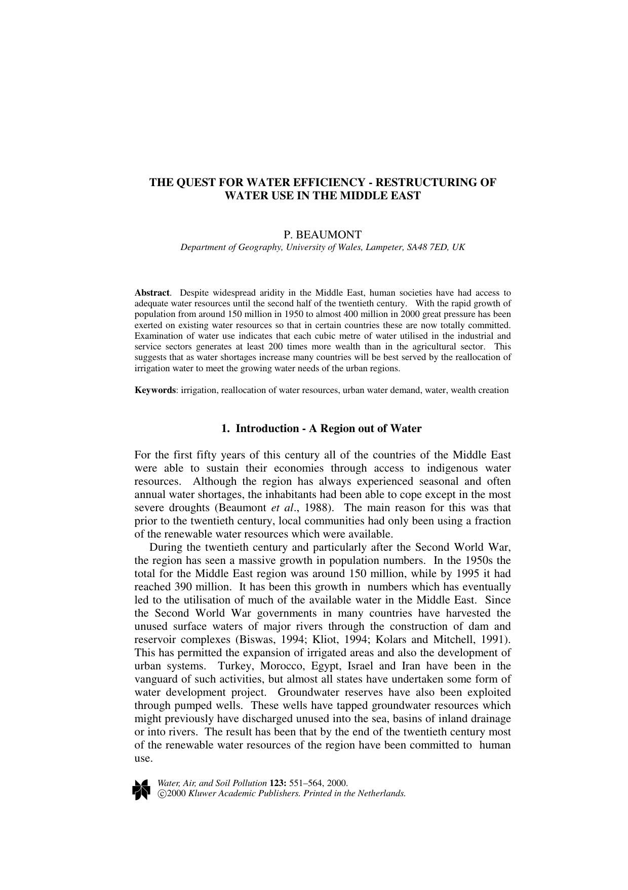 The Quest for Water Efficiency - Restructuring of Water Use in the Middle East by Unknown