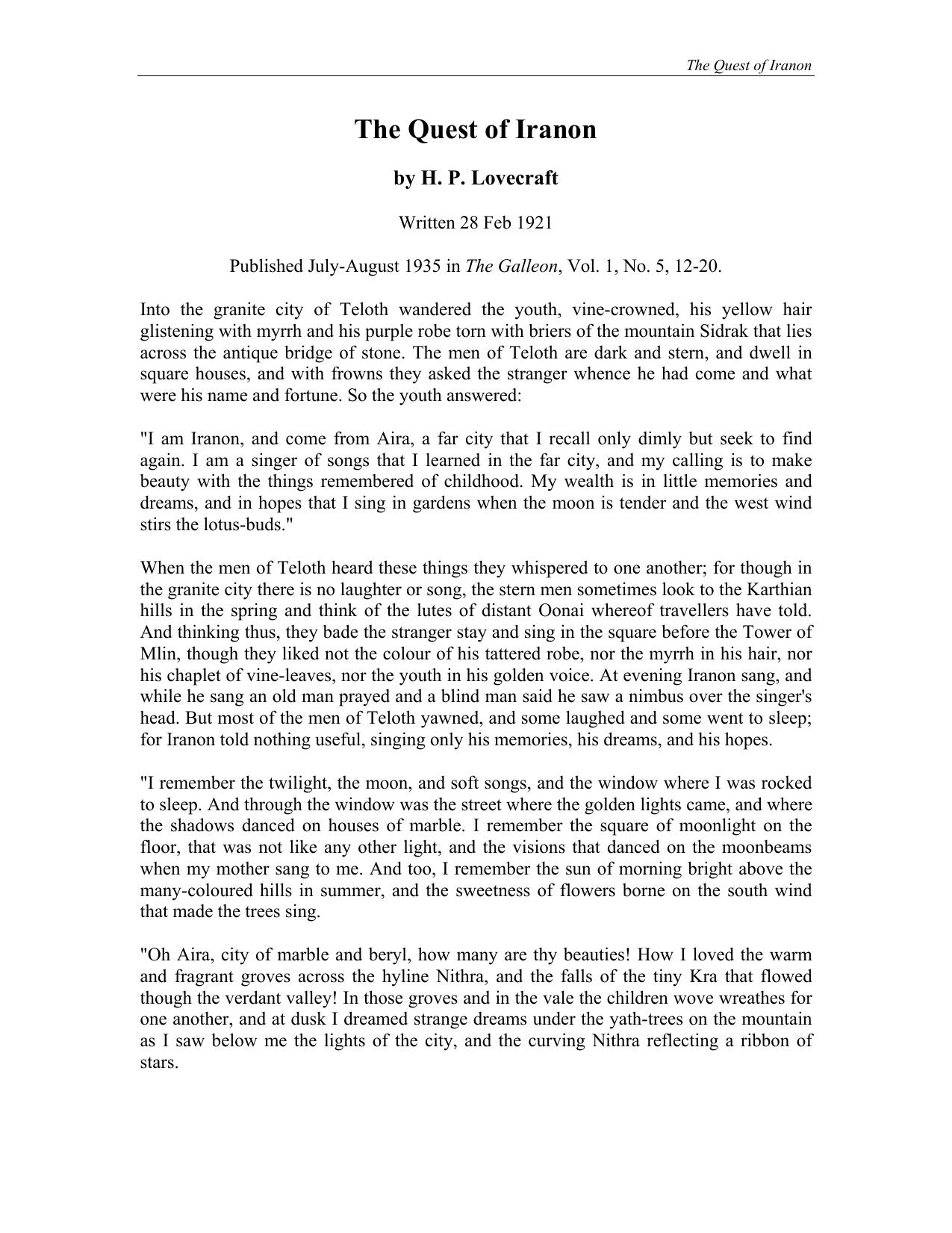 The Quest of Iranon by H. P. Lovecraft