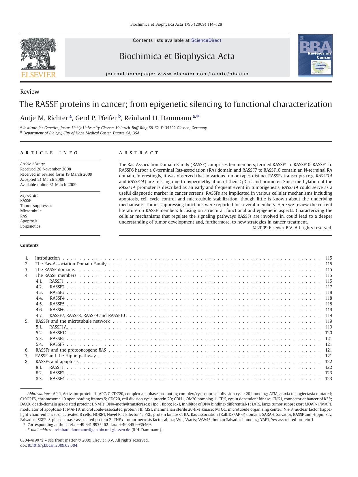 The RASSF proteins in cancer; from epigenetic silencing to functional characterization by Antje M. Richter; Gerd P. Pfeifer; Reinhard H. Dammann