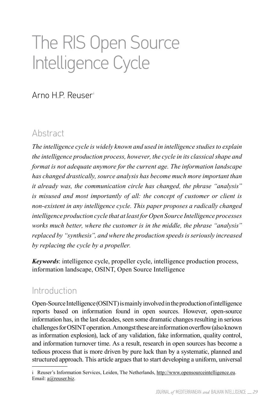 The RIS Open Source Intelligemce Cycle by Arno H.P. Reuser
