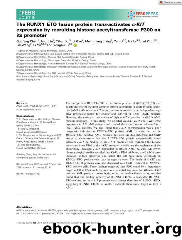 The RUNX1âETO fusion protein transâactivates câKIT expression by recruiting histone acetyltransferase P300 on its promoter by Unknown