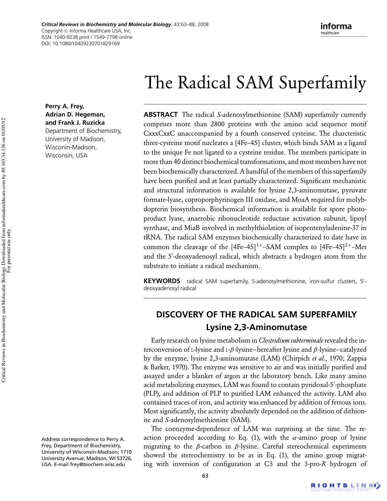 The Radical SAM Superfamily by Perry A. Frey Adrian D. Hegeman & Frank J. Ruzicka
