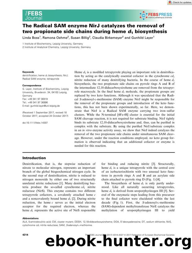 The Radical SAM enzyme NirJ catalyzes the removal of two propionate side chains during heme d1 biosynthesis by Unknown