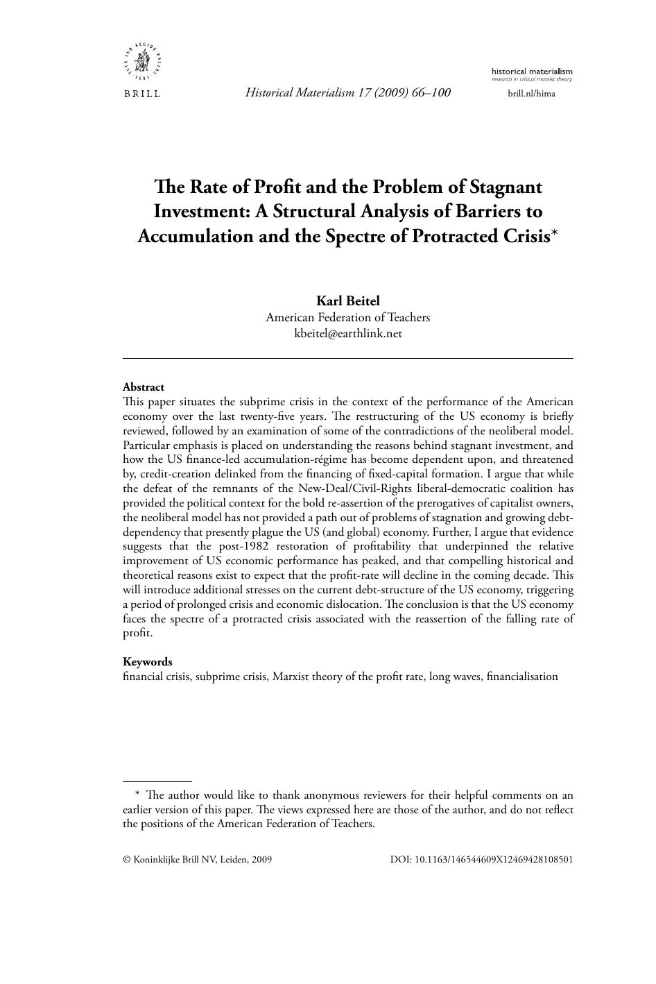 The Rate of Profit and the Problem of Stagnant Investment: A Structural Analysis of Barriers to Accumulation and the Spectre of Protracted Crisis by Karl Beitel