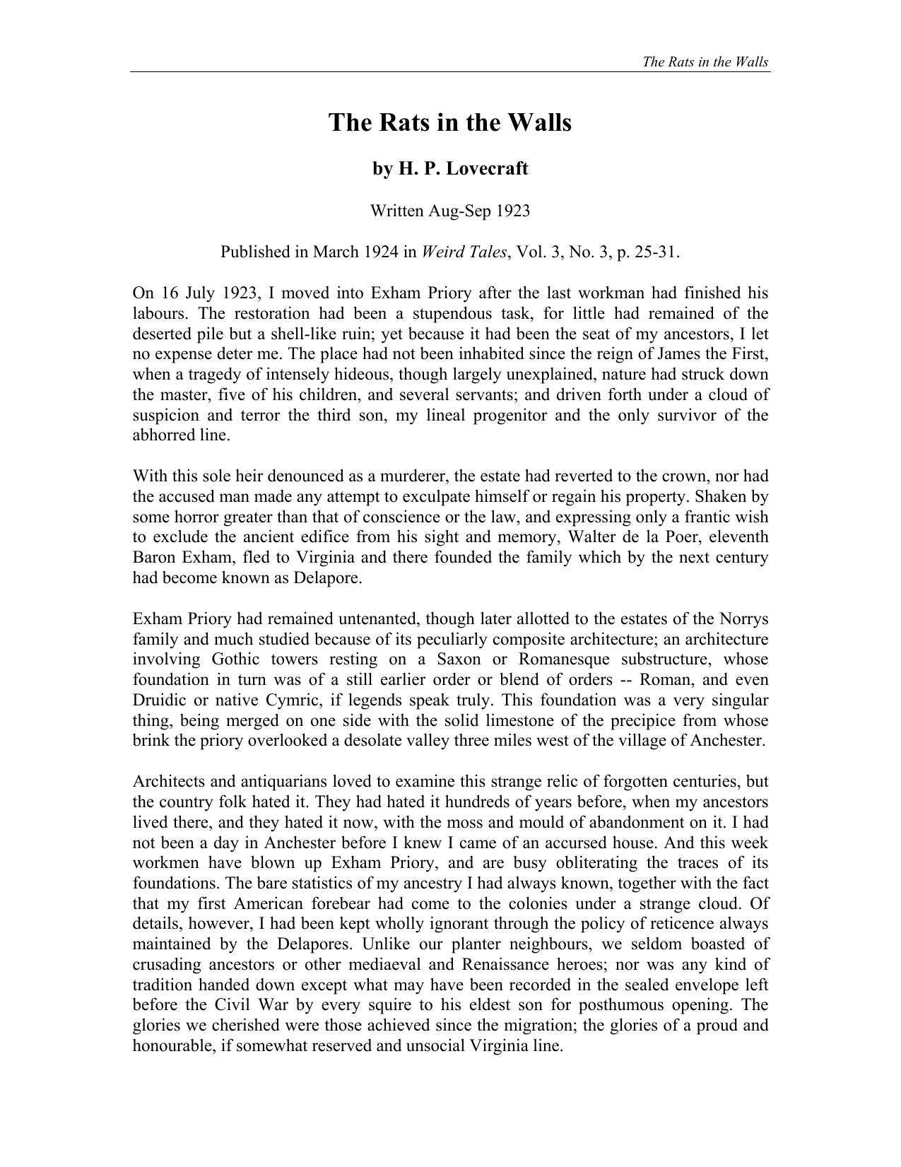 The Rats in the Walls by H. P. Lovecraft