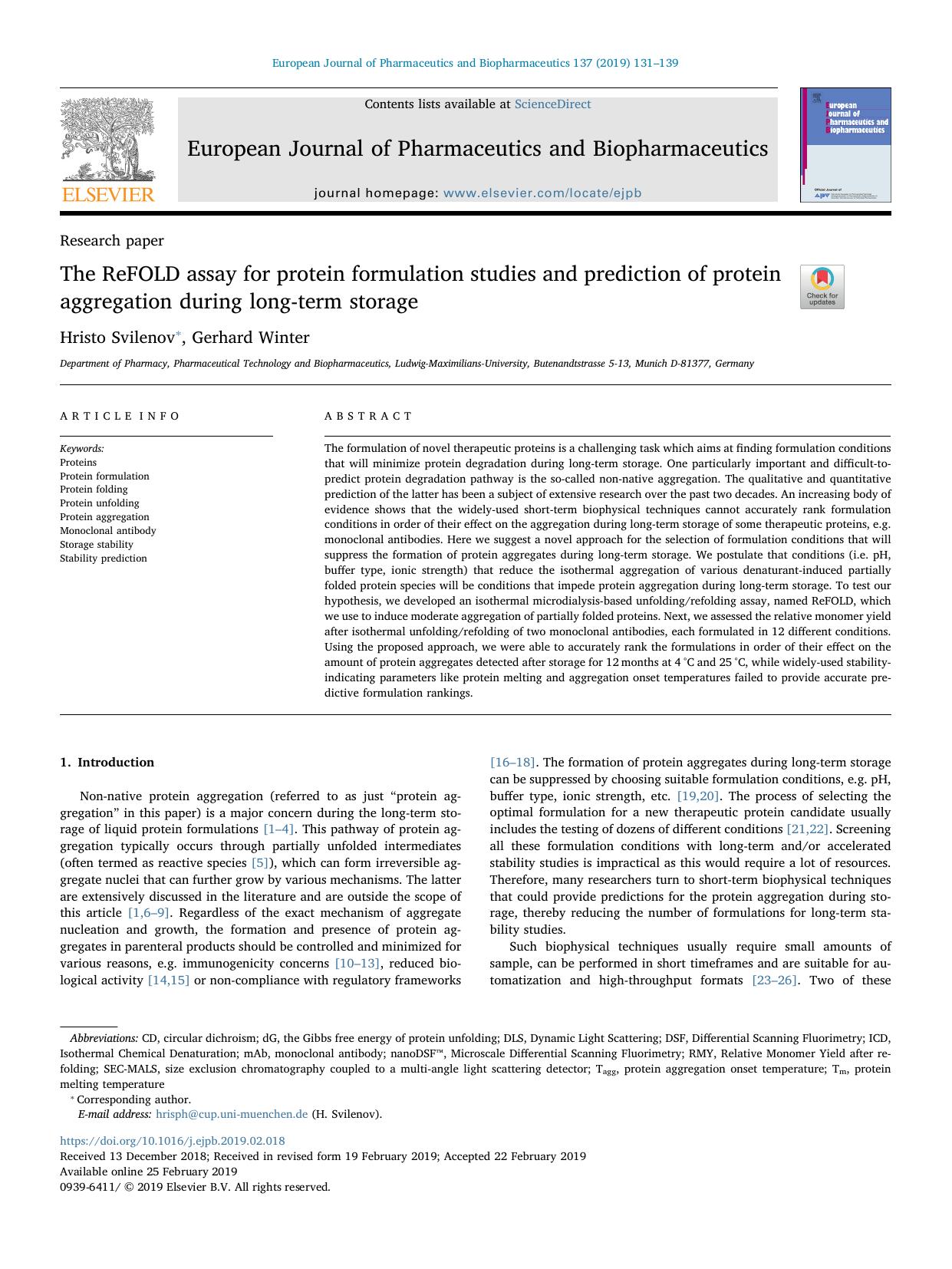 The ReFOLD assay for protein formulation studies and prediction of protein aggregation during long-term storage by Hristo Svilenov & Gerhard Winter
