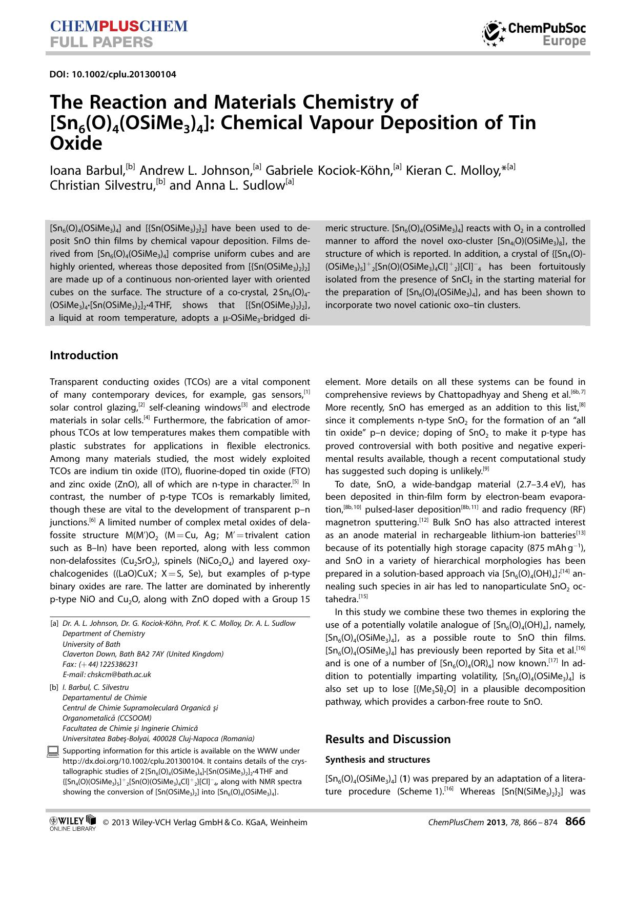 The Reaction and Materials Chemistry of [Sn6(O)4(OSiMe3)4]: Chemical Vapour Deposition of Tin Oxide by Unknown