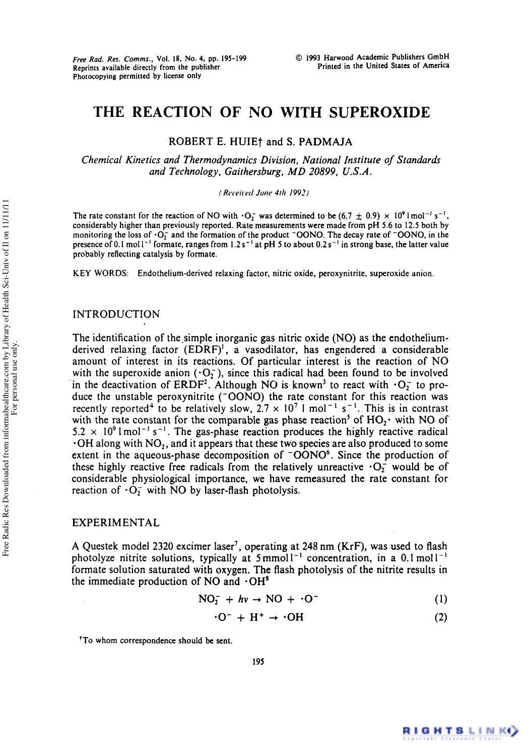 The Reaction of no With Superoxide by Robert E. Huie1 & S. Padmaja1