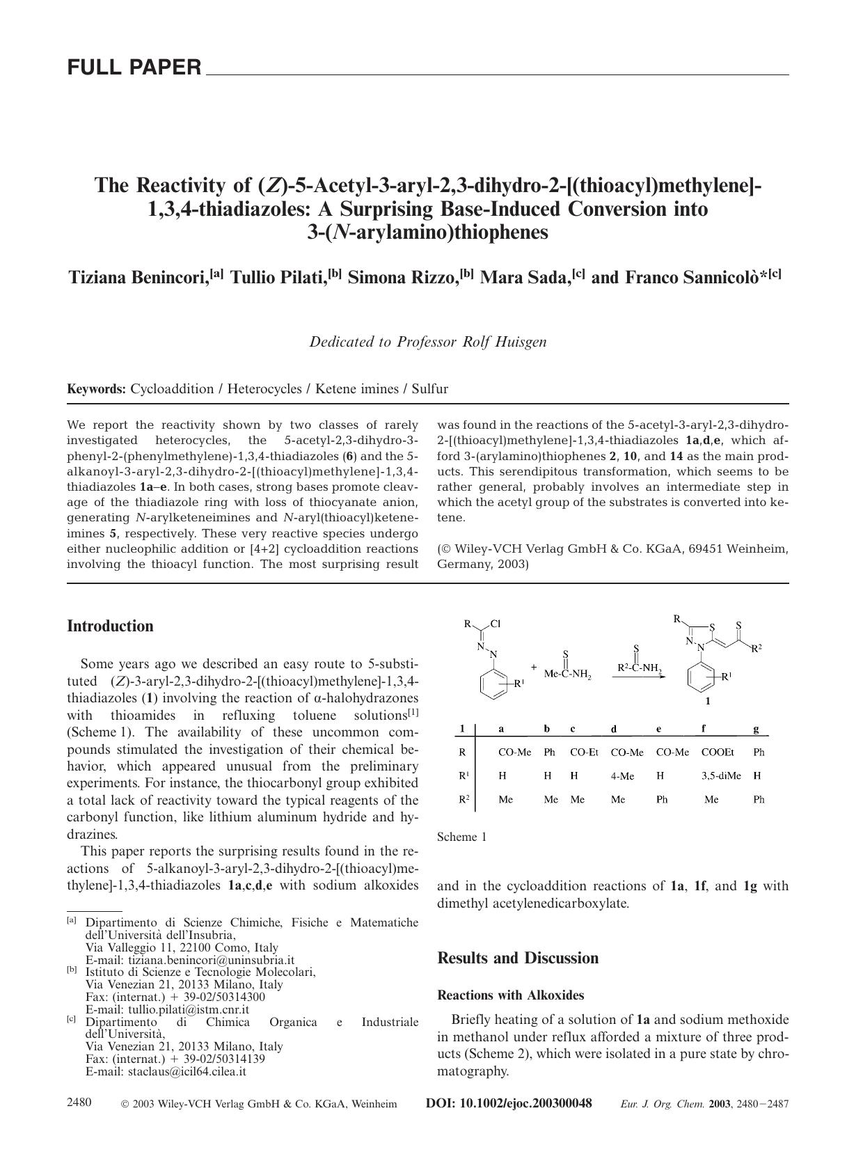 The Reactivity of (Z)-5-Acetyl-3-aryl-2,3-dihydro-2-[(thioacyl)methylene]1,3,4-thiadiazoles: A Surprising Base-Induced Conversion into 3-(N-arylamino)thiophenes by Unknown